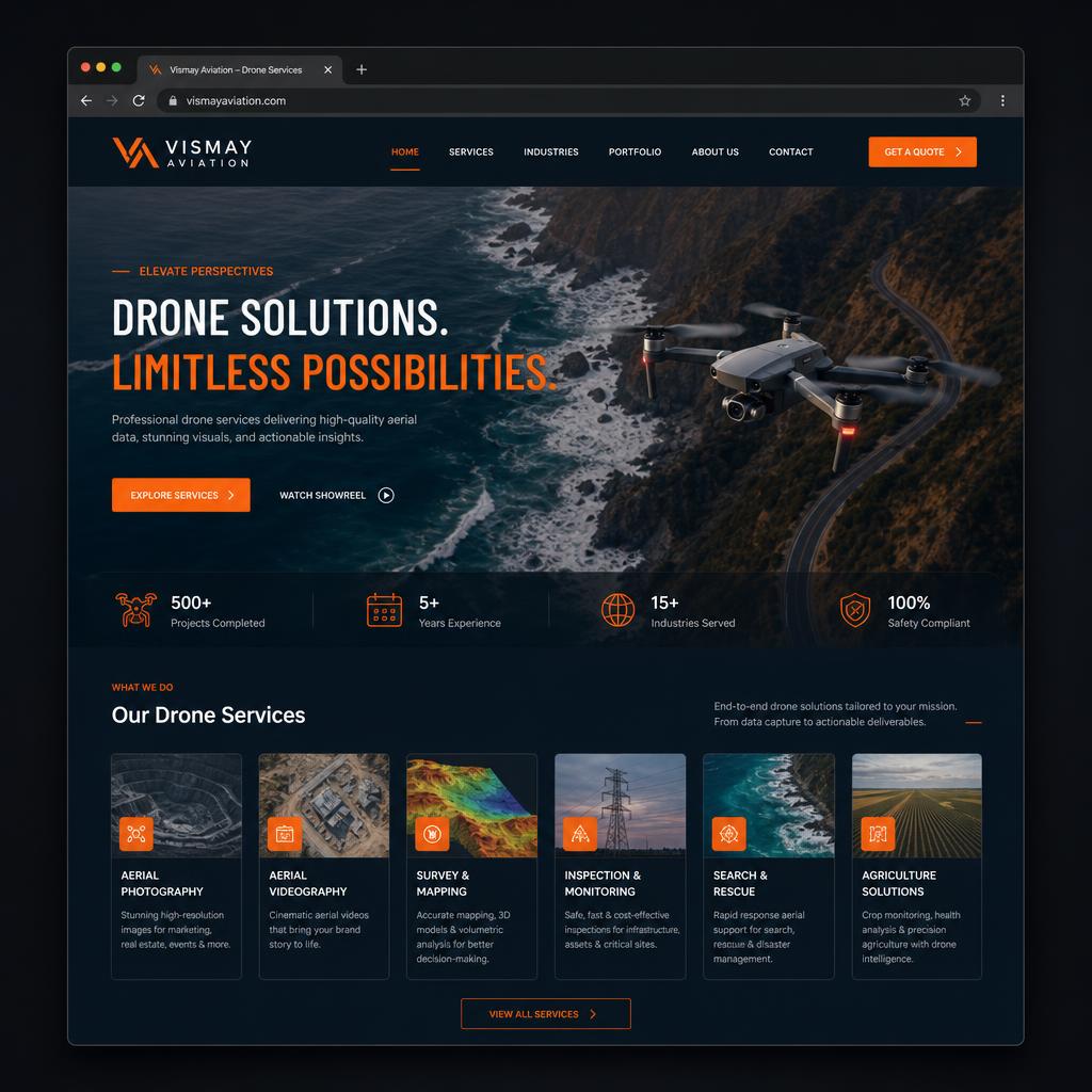 Vismay Aviation drone services website mockup